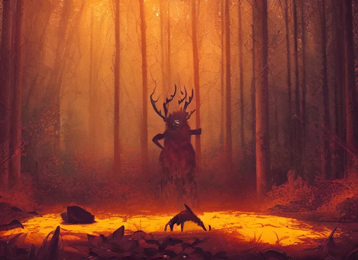 Image similar to a few orange safety cones in a beautiful strange forest, a black hairy fuzzy yakka mahasohna devil beast in a mask stands in the center distance, cinematic painting by james jean, atomspheric lighting, moody lighting, dappled light, detailed, digital art, limited color palette, wes anderson, artstation, 2 4 mm lens, surreal