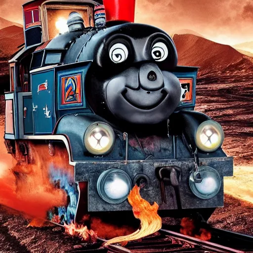 Image similar to evil chthonic Thomas the Tank Engine in the fiery Wasteland of MAD MAX: FURY ROAD