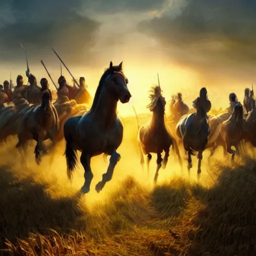 Prompt: amazing painting of a hundred horseman charging into battle in a cornfield, the sunset projects shadows on the ground, epic cambas, dramatic atmosphere, volumetric lighting, octane render, by john howe, greg rutkowski, thomas kinkaid, digital art, matte painting, breathtaking, beautiful