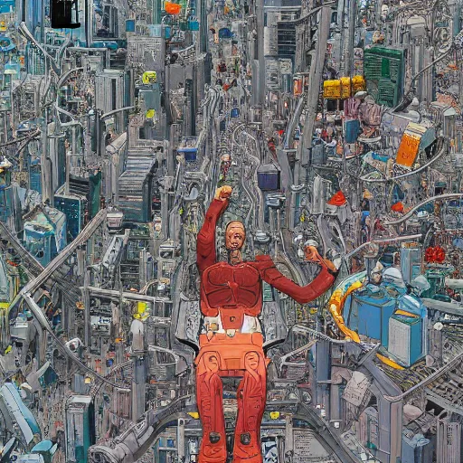 Image similar to hyper detailed aerial top down comic illustration of a man eaten by a machine in the centre of the composition, encircled by cybernetic gateways, by Josan Gonzalez and Geof Darrow and peter doig, very detailed, 4k, highly detailed, 8k wallpaper