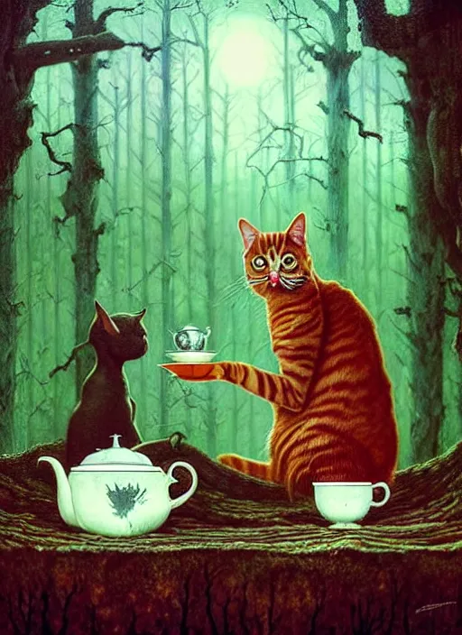 Image similar to cat having tea with a witch in the woods gorgeous lighting, lush forest foliage blue sky a hyper realistic painting by chiara bautista and beksinski and norman rockwell and greg rutkowski weta studio, and lucasfilm