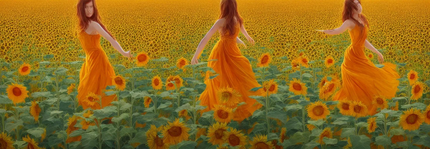 Image similar to beautiful young girl dancing in a fiery dress in a beautiful field of sunflowers and lilies, high detail, very realistic, by greg rutkowski, by james gurney ultra clear detailed, digital painting by ( ( makoto shinkai ) ), moebius moebius, surrealism, trending on artstation