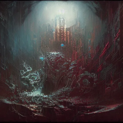 Image similar to cyberpunk nightmare by gustave dore and gustave moreau and beksinski and giger and craig mullins and jeremy mann