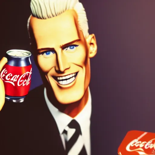 Image similar to coca cola man drinking a can of soda with max headroom's face on it, realistic, hyperrealistic, ultra realistic, real, real world, highly detailed, very detailed, extremely detailed, intricate details, 8 k resolution, hd quality