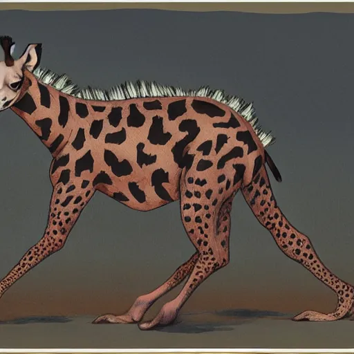 Image similar to painting of a hybrid between a hyena and a giraffe, in the style of wayne barlowe