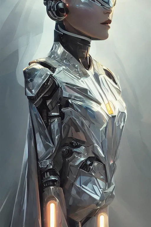 Image similar to beautiful cyborg priestess, scifi, perfect face, futuristic, elegant cape, aura of light, glow, concept art, sharp focus, inside a space ship, trending on artstation, hwang se - on, intricate, advanced technology, art by roman makarenko and simon almeida and marcos melco