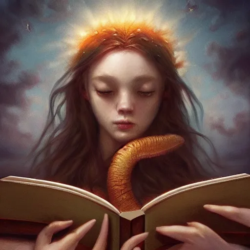 Image similar to by artgerm and agostino arrivabene, visually stunning, cinematic, ultra realistic, hyper realism, epic, octane render, unreal engine, vfx, maya, a girl reading a book, fungal enchanter, murloc tinyfin, dread infernal, wee whelp, battle ram