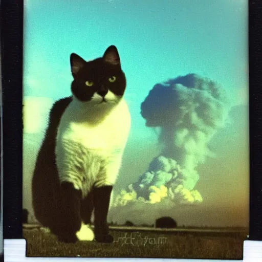 Image similar to A polaroid photo of a cat watching a mushroom cloud in the distance