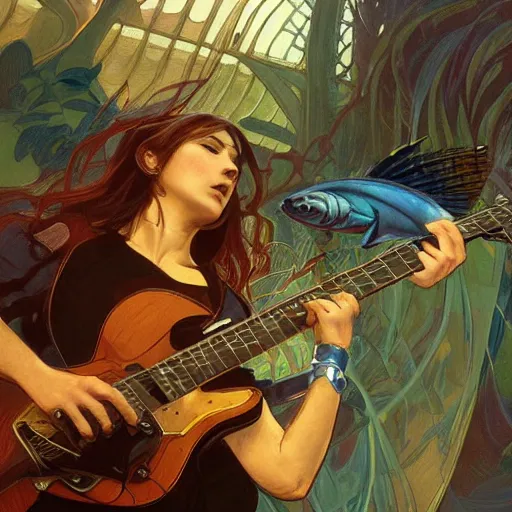 Image similar to guitar being eaten by a large fish, highly detailed digital painting, artstation, concept art, smooth, sharp focus, illustration, art by artgerm and greg rutkowski and alphonse mucha