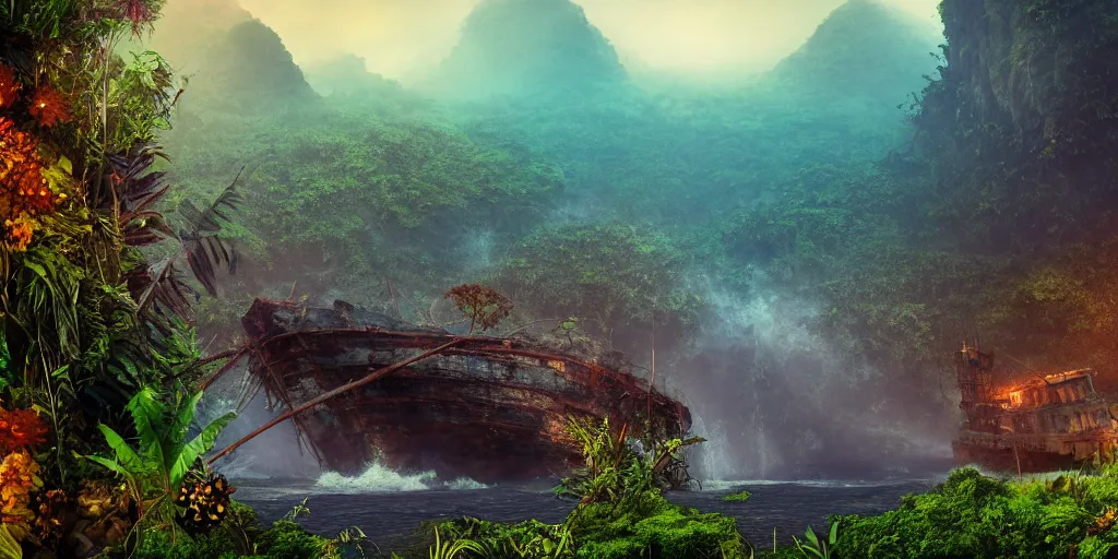 Prompt: a rusty shipwreck in a prehistoric jungle, lush flora, waterfall, towering mountains, flowers, vines, sunset, hazy, volumetric lighting, rtx on, washed out dark colors, an award - winning digital render, beautiful, stunning, ultradetailed, great composition