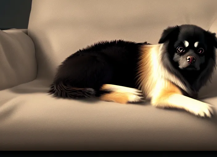 Image similar to a wholesome animation key shot of a black tibetan spaniel, sleeping on a leather couch, studio ghibli, pixar and disney animation, sharp, rendered in unreal engine 5, anime key art by greg rutkowski, bloom, dramatic lighting