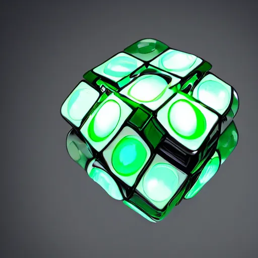 Prompt: metal very complex mechanical cube with green light flying through space