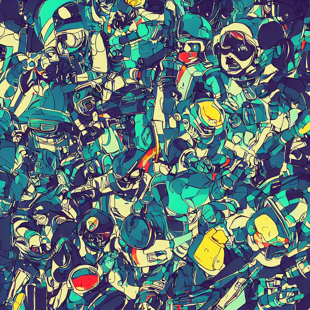 Image similar to people wearing helmets, ryuta ueda artwork, jet set radio artwork, stripes, gloom, space, cel - shaded art style, broken rainbow, data, minimal, speakers, code, cybernetic, dark, eerie, cyber