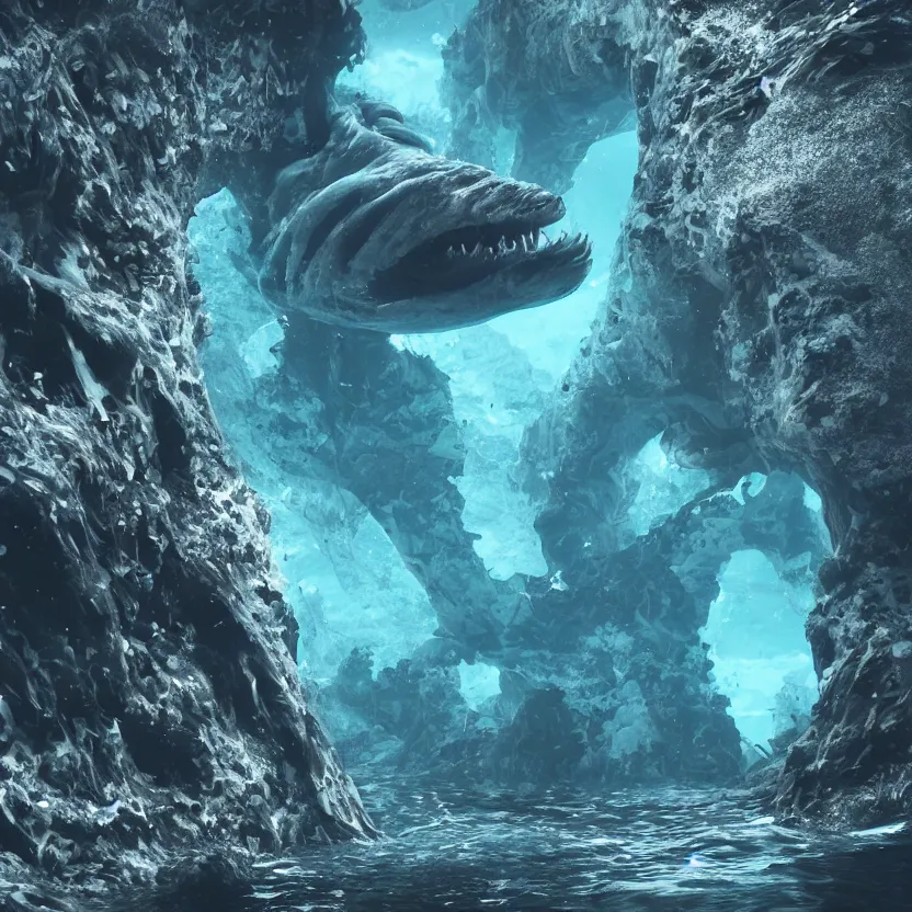 Image similar to photorealistic render of an underwater monster from the mariana trench, octane render