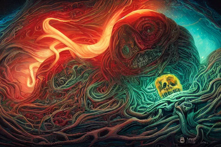 Prompt: a giant skull and flesh creature with deep and intricate rune carvings and glowing eyes and twisting lovecraftian tentacles emerging from a space nebula by dan mumford, twirling smoke trail, a twisting vortex of dying galaxies, digital art, photorealistic, vivid colors, highly detailed, intricate