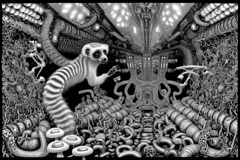 Image similar to a detailed digital art painting of a cell shaded cyberpunk ornate magick oni aztec ferret with occult futuristic effigy of a beautiful field of mushrooms that is a adorable lemur atomic latent snakes in between lizard biomorphic molecular psychedelic hallucinations in the style of escher, alex grey, stephen gammell inspired by realism, symbolism, magical realism and dark fantasy, crisp