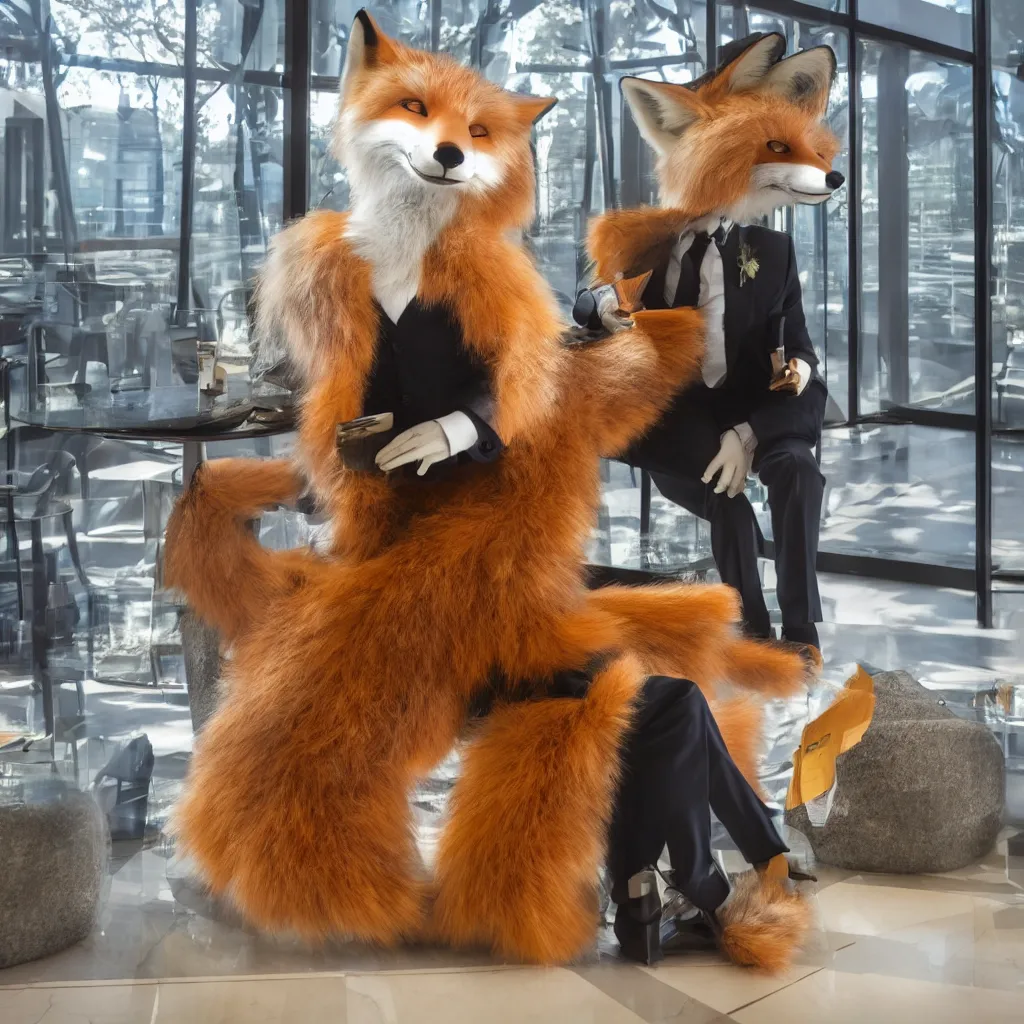 Image similar to a single anthropomorphic fox in suit sitting in the lobby of a futuristic hotel, anthro, furry