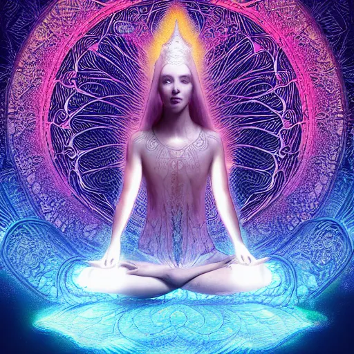 Prompt: glowing cracks, elven princess, meditating, peaceful, levitating, powerful, blossoming, lotus pose, zen, glowing, fractal background, ascending, detailed, realistic, digital art, fantasy, trending on artstation, cinematic, movie clip, visionary art, intricate pattern, subtle pattern, detailed texture, fractal texture, flowing, engraved texture, sacred geometry pattern, symmetry, perfect