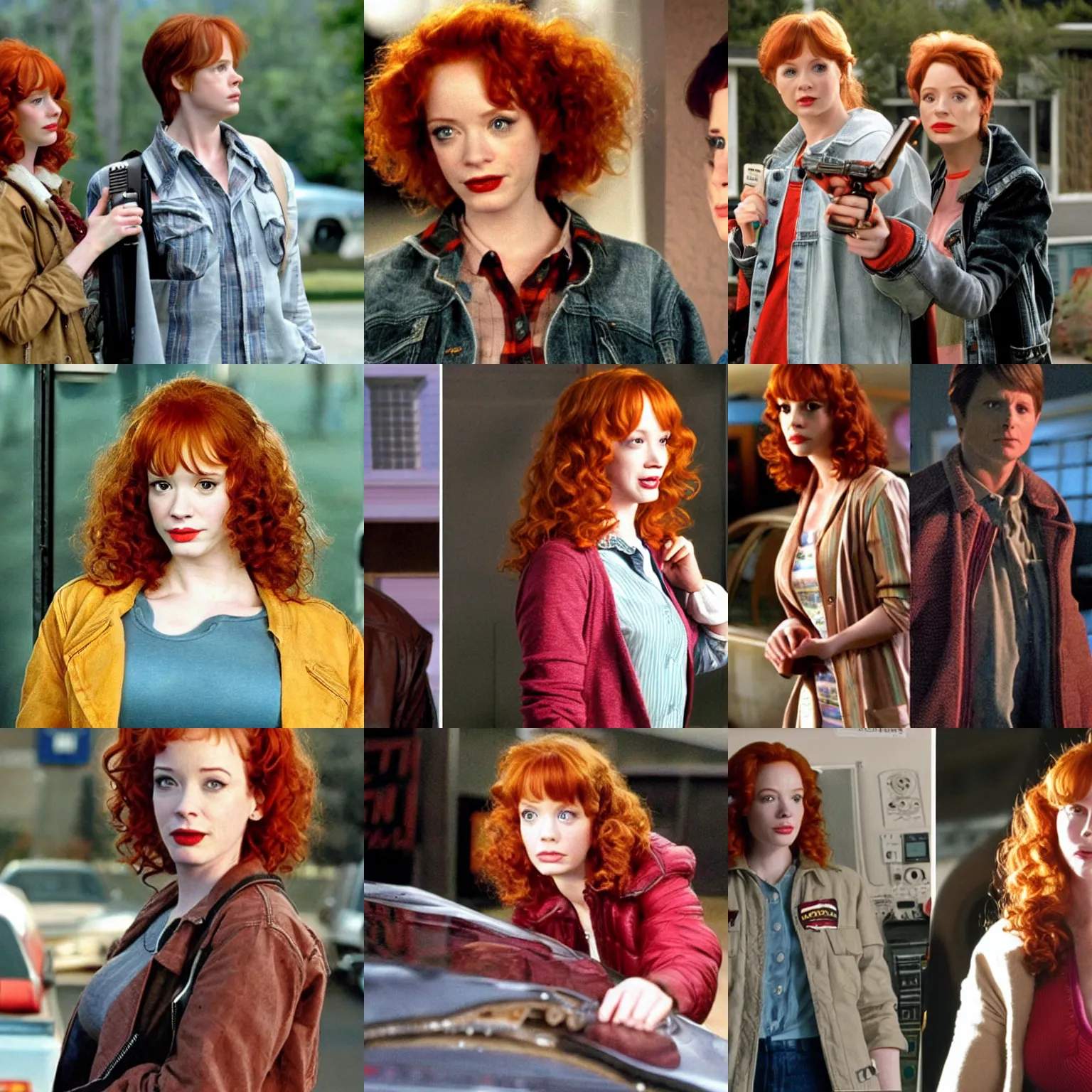 Prompt: female version of marty mcfly played by christina hendricks, back to the future movie still