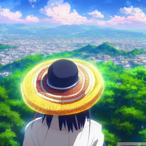 Image similar to closeup of an Anime girl wearing a sombrero vueltiao\' with the city of Armenia Quindio in the background, Artwork by Makoto Shinkai, official media, 8k, wallpaper, high definition, wallpaper, hd, digital artwork