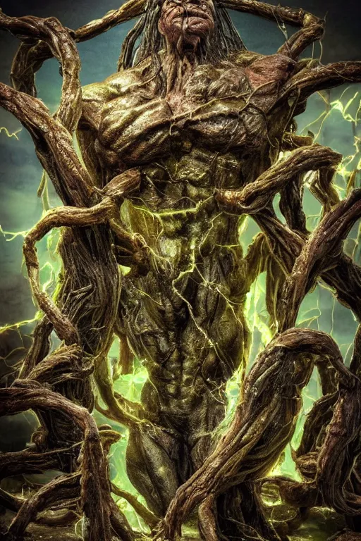 Prompt: high resolution photo of a muscular creature, tree roots, veins, lightning, big muscles, sweat, slime, troll, fishlike, gills, dragonlike, grown together, overgrown, electronic wires, god rays, dark, skin, plastic wrap,