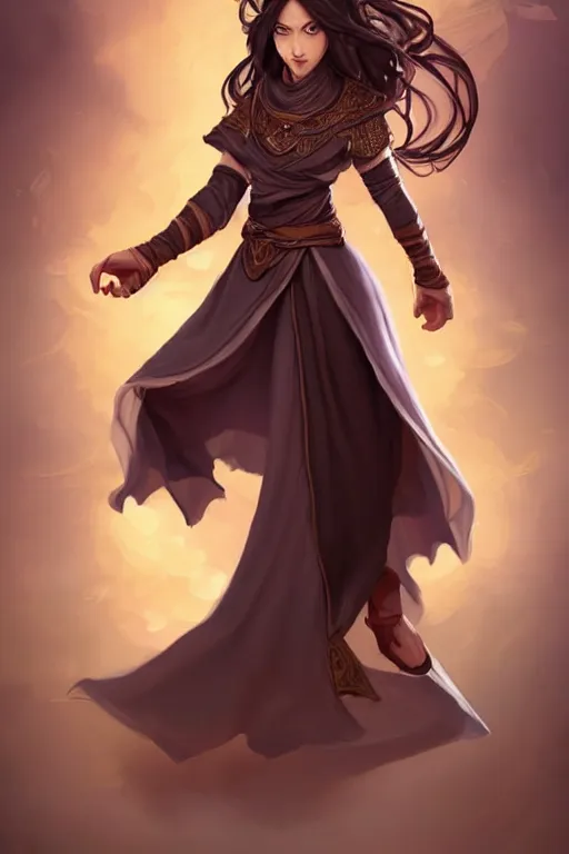 Prompt: a full body portrait of a gorgeous female monk, D&D, fighting stance, clenched fists, stylish dress, very long flowing dark hair, beautiful bone structure, intricate, elegant, stylish, cute slightly nerdy smile, fantasy, highly detailed, digital painting, artstation, concept art, smooth, sharp focus, illustration, art by artgerm and greg rutkowski and alphonse mucha