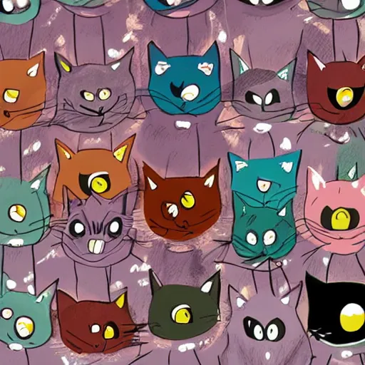 Image similar to a room full of big eye cats singing in comic art style pastel colors