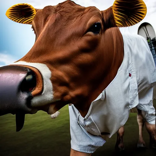 Image similar to a highly detailed ultra realistic photograph of a cow dressed in a male airplane pilot suit