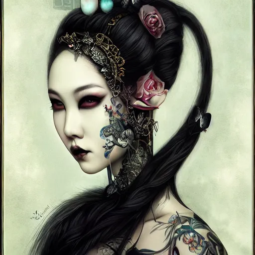 Prompt: ultra realist soft painting of a single attractive asian female with gothic makeup and a long dress, curiosities carnival, symmetry accurate features, very intricate details, focus, curvy, artstyle by Tom Bagshaw, award winning