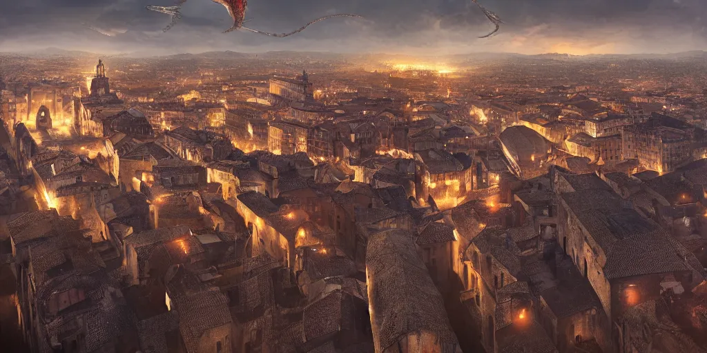 Image similar to the monumental city of caceres with smaug flying over it, dramatic lighting, cinematic, extremly high detail, photorealistic, cinematic lighting, post processed, concept art, artstation, matte painting, style by greg rutkowsky