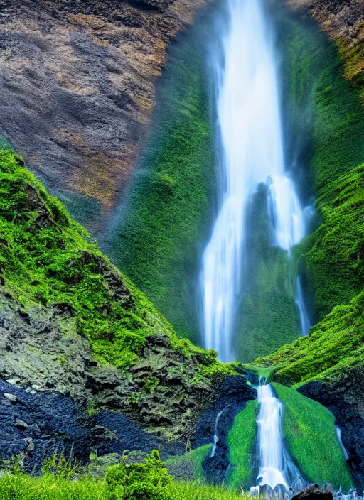 Image similar to a waterfall in the middle of a mountain range, a detailed matte painting by hallsteinn sigurðsson, shutterstock contest winner, naturalism, uhd image, creative commons attribution, photo taken with ektachrome