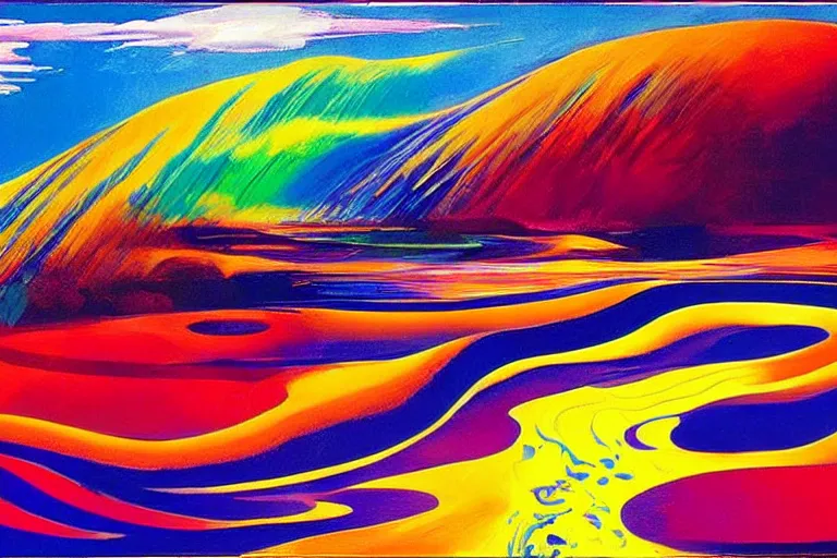 Image similar to Psychedelic sci-fi dreamworld. Landscape painting. Organic. Winding rushing water. Waves. Clouds. Wayne Thiebaud. Peter Max.