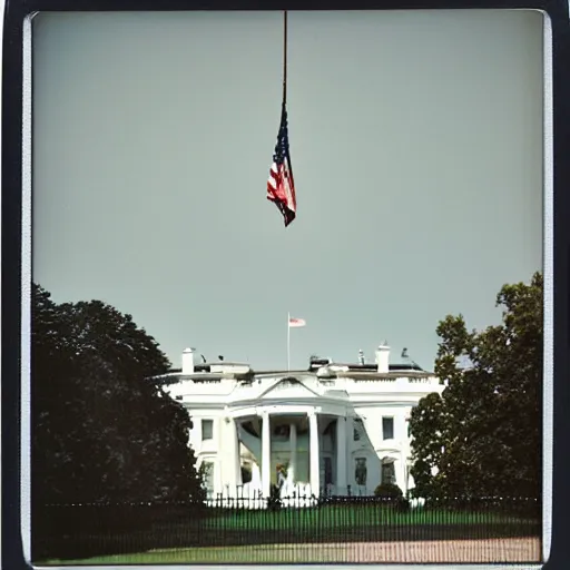 Prompt: analog polaroid photograph of a real U.F.O hanging over the White House in Washington D. C., realistic, award winning,