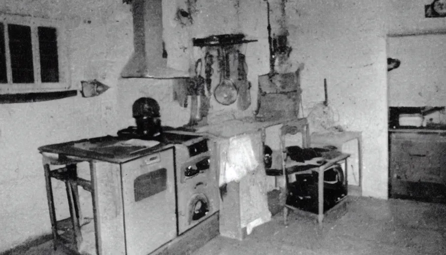 Prompt: a boa in a stalinist style kitchen, by mini dv camera, very very low quality, heavy grain, very blurry, accidental flash, webcam footage, found footage, security cam, caught on trail cam