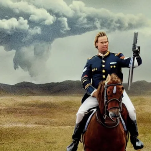 Image similar to most hated united states president, riding bear, realistic render, leading army in battle against aliens at the alamo, stormy weather with lightning, directed by christopher nolan and michael bay