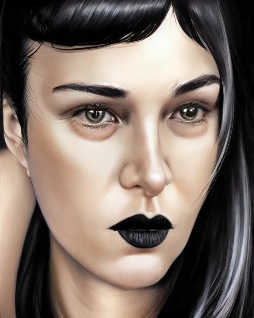 Image similar to portrait of a tall 4 0 - year - old woman with thin lips, heavy - lidded eyes, a strong jaw and long, thick shining black hair, thick eyebrows and long eyelashes, wearing in black clothes, hyper realistic face, beautiful eyes, character art, art by mark brooks, hyperdetailed, cryengine, trending on artstation, digital art