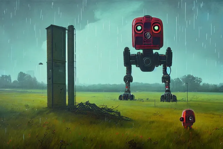 Prompt: British countryside derelict giant robot raining by Simon Stålenhag
