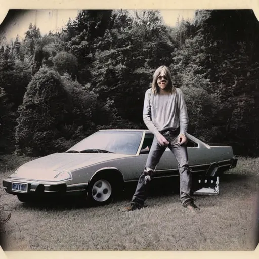 Prompt: vintage polaroid photo of Kurt Cobain next to his Ford Pinto (1987)