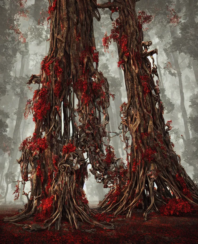 Prompt: sacred giant tree with a skeleton tangled in the tree trunk, red forest, epic painting, octane render, extremely detailed