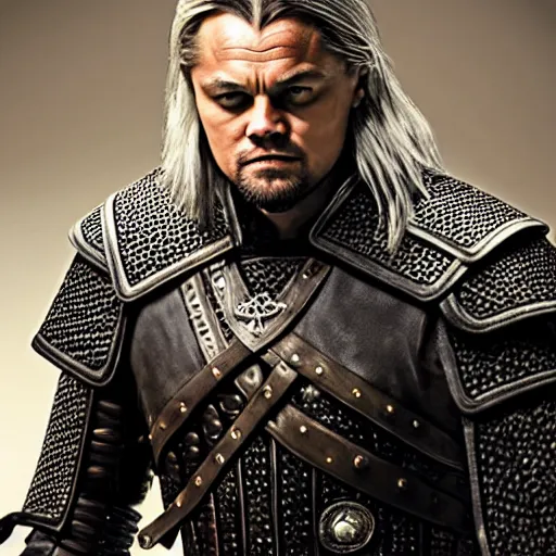 Image similar to Leonardo Dicaprio wearing Geralt of Rivia\'s armor, promo shoot, studio lighting