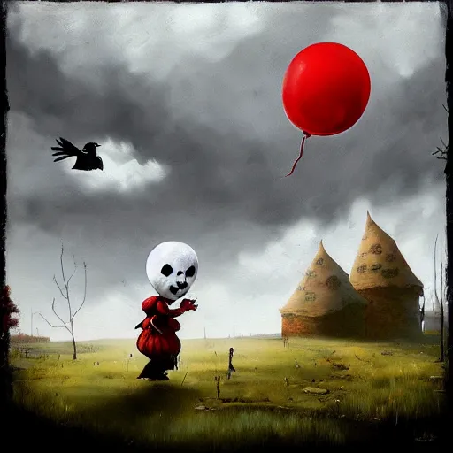 Prompt: grunge cartoon landscape painting of a raven and a red balloon by - michal karcz, loony toons style, pennywise style, horror theme, detailed, elegant, intricate