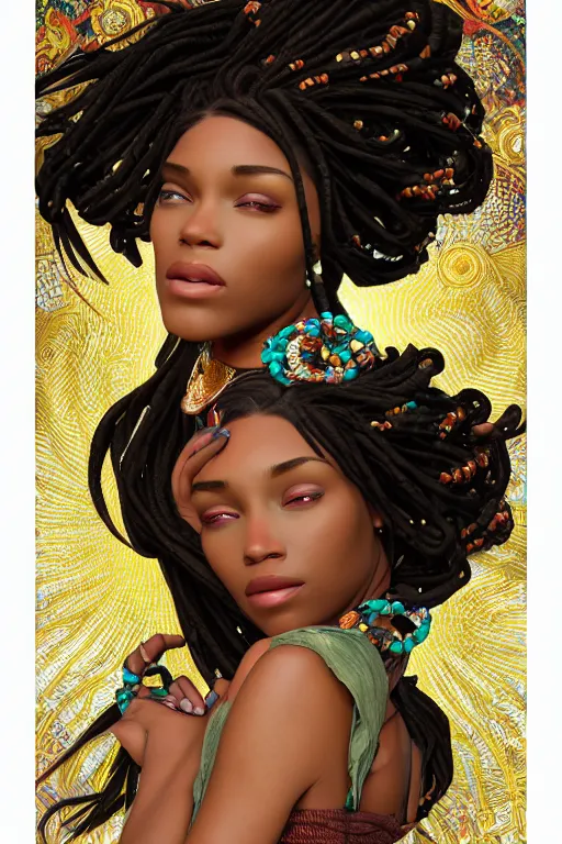 Image similar to beautiful black woman with gorgeous beaded dreadlock hairstyle, as seen on artgerm, octane render, in the style of alphonse mucha, ultra realistic, highly detailed, 8 k