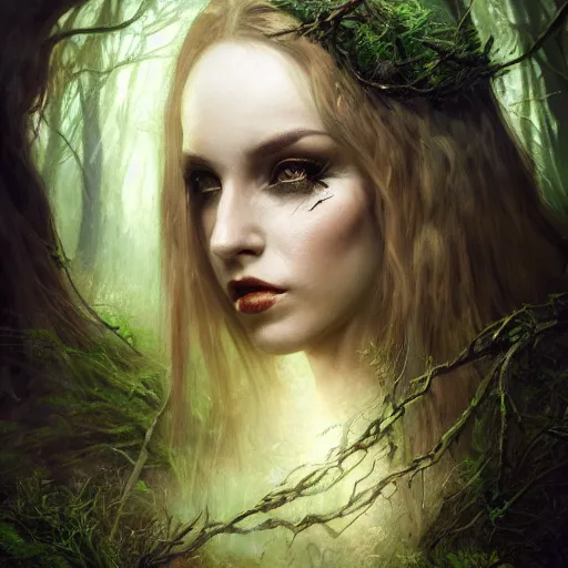 Image similar to head and shoulders portrait of a witch in a forest, dark fantasy, mystic, elegant, intricate, face, medium shot, trending on artstation, volumetric light, by Fernanda Suarez and Gil Elvgren