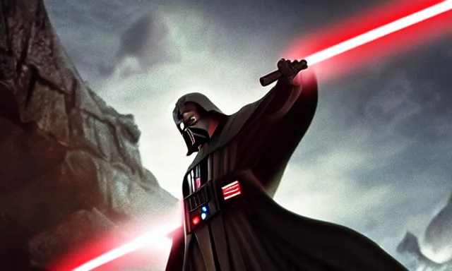 Image similar to jesus christ defeating darth vader, using his cross as weapon, photorealistic, cinematic lighting, extremely detailed
