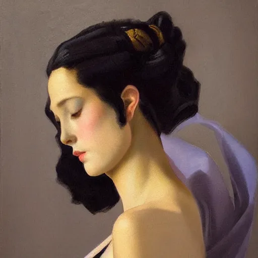 Image similar to a oil painting of a fair skin with dark curly stylised hair queen wearing dress, by nicholas roerich, by georgia o keeffe by frederick william elwell, by otomo highly detailed, realistic, concept art, jewels, oriental, desaturated