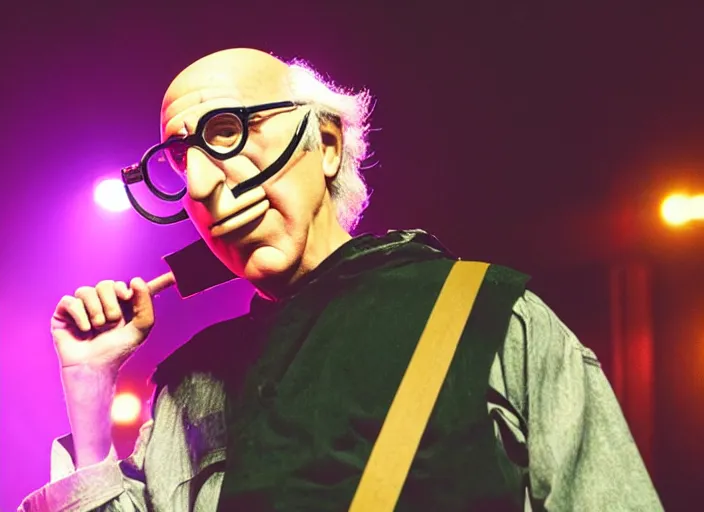 Image similar to publicity photo still of larry david wearing a slipknot mask touring with slipknot live on stage, 8 k, live concert lighting, mid shot