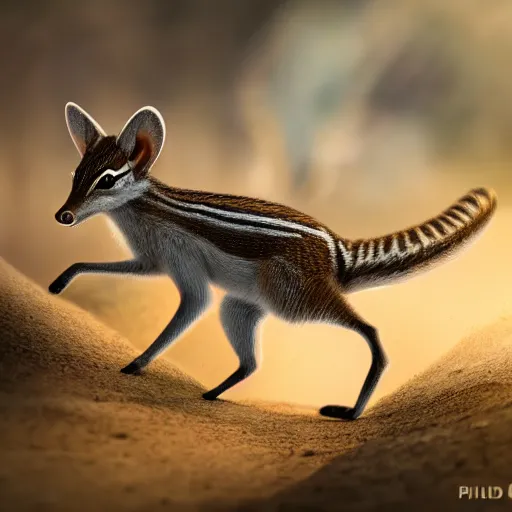Image similar to Intricate detailed illustration, A numbat frolicking in the Dryandra woodland, cinematic lighting, by Philip Hood, wide angle, volumetric light scattering, 8k, artstation, concept art,