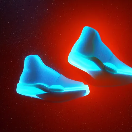 Prompt: high quality Octane 3D render of bioluminescent sneakers floating in space, emissive, bloom, volumetric, ray-tracing, bjork