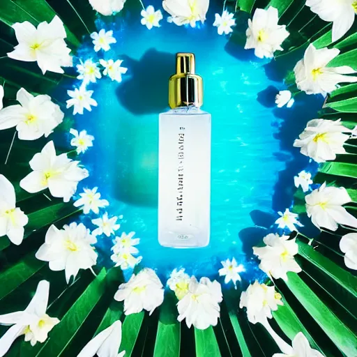 Image similar to centered bright perfume bottle standing in clear blue rippling water surrounded by a plethora of white flowers and tropical leaves and fauna upfront, with dreamy bright blue sky and clouds in the background, illumination lighting, sharp focus, surreal photography, lois van baarle,
