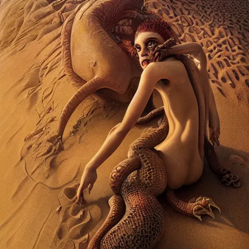 Image similar to a hyperrealistic illustration of a scaly monster covered in sand, sand flowing from the monsters body, desert with rocks with fractal sunlight, award-winning, masterpiece, in the style of Tom Bagshaw, Cedric Peyravernay, Peter Mohrbacher